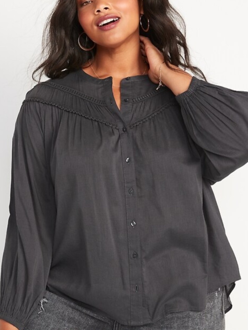 Old Navy Panther Black Button Down Boho Prairie Poet Blouse Size XL